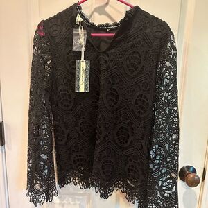 Ultra Pink medium black crochet lace long sleeve shirt blouse